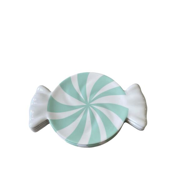 Peppermint Candy Shaped Appetizer Plate Set of 4 Holiday Mint & White Melamine - Picture 14 of 15